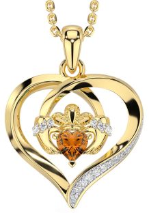 Diamond Citrine Gold Claddagh Celtic Heart Necklace