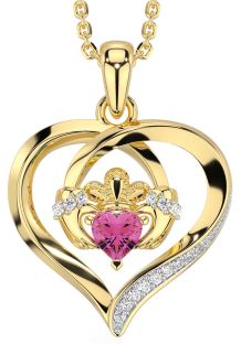 Diamond Pink Tourmaline Gold Claddagh Celtic Heart Necklace