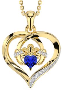 Diamond Sapphire Gold Claddagh Celtic Heart Necklace