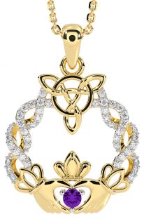Diamond Amethyst Gold Silver Celtic Claddagh Necklace