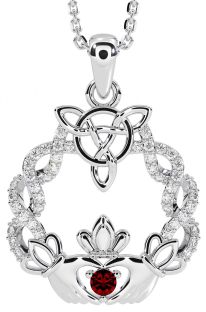 Diamond Garnet Silver Celtic Claddagh Necklace