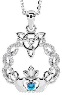 Diamond Topaz Silver Celtic Claddagh Necklace