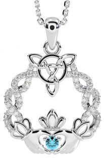 Diamond Aquamarine White Gold Celtic Claddagh Necklace