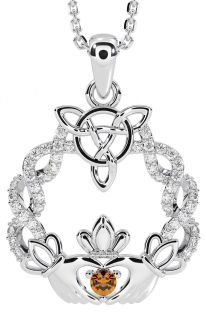 Diamond Citrine White Gold Celtic Claddagh Necklace