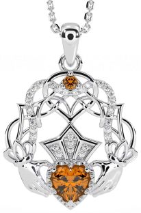 Diamond Citrine Silver Celtic Claddagh Necklace