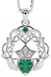 Diamond Emerald Silver Celtic Claddagh Necklace