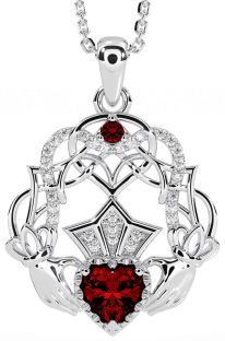 Diamond Garnet Silver Celtic Claddagh Necklace