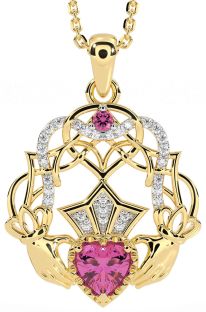 Diamond Pink Tourmaline Gold Celtic Claddagh Necklace