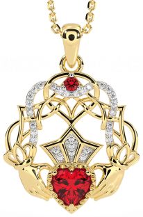 Diamond Ruby Gold Celtic Claddagh Necklace