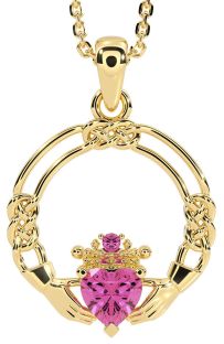Pink Tourmaline Gold Celtic Claddagh Necklace