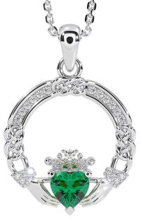 Diamond Emerald Silver Celtic Claddagh Necklace