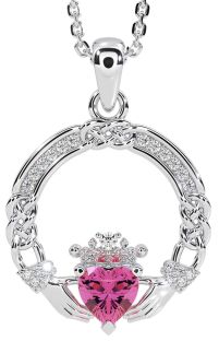 Diamond Pink Tourmaline Silver Celtic Claddagh Necklace
