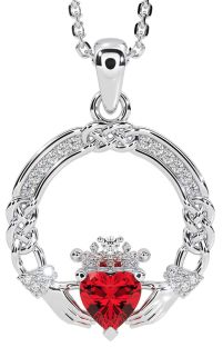 Diamond Ruby Silver Celtic Claddagh Necklace