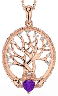 Diamond Amethyst Rose Gold Silver Claddagh Tree of Life Necklace
