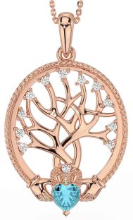 Diamond Aquamarine Rose Gold Silver Claddagh Tree of Life Necklace