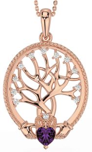 Diamond Alexandrite Rose Gold Silver Claddagh Tree of Life Necklace