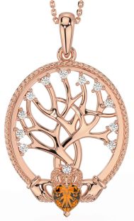 Diamond Citrine Rose Gold Silver Claddagh Tree of Life Necklace