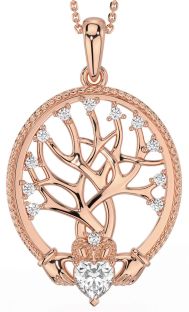 Diamond Rose Gold Silver Claddagh Tree of Life Necklace