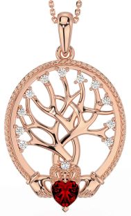 Diamond Garnet Rose Gold Silver Claddagh Tree of Life Necklace