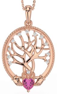 Diamond Pink Tourmaline Rose Gold Silver Claddagh Tree of Life Necklace