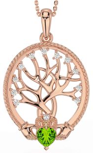 Diamond Peridot Rose Gold Silver Claddagh Tree of Life Necklace