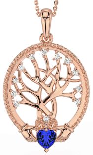 Diamond Sapphire Rose Gold Silver Claddagh Tree of Life Necklace