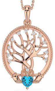 Diamond Topaz Rose Gold Silver Claddagh Tree of Life Necklace