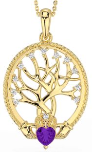 Diamond Amethyst Gold Silver Claddagh Tree of Life Necklace
