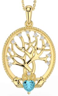 Diamond Aquamarine Gold Silver Claddagh Tree of Life Necklace
