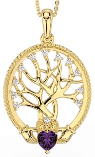 Diamond Alexandrite Gold Silver Claddagh Tree of Life Necklace