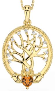 Diamond Citrine Gold Silver Claddagh Tree of Life Necklace