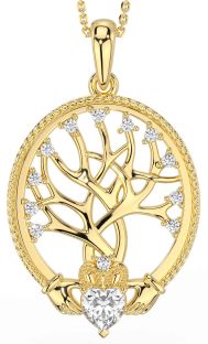 Diamond Gold Silver Claddagh Tree of Life Necklace