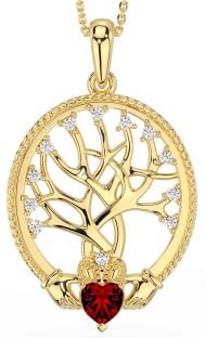 Diamond Garnet Gold Silver Claddagh Tree of Life Necklace