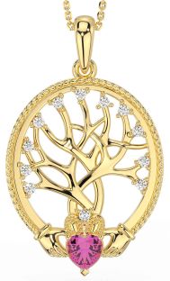 Diamond Pink Tourmaline Gold Silver Claddagh Tree of Life Necklace