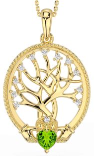 Diamond Peridot Gold Silver Claddagh Tree of Life Necklace
