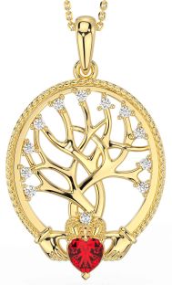 Diamond Ruby Gold Silver Claddagh Tree of Life Necklace
