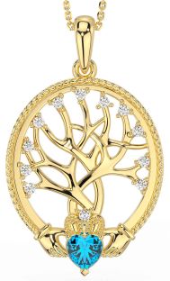 Diamond Topaz Gold Silver Claddagh Tree of Life Necklace