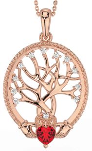Diamond Ruby Rose Gold Claddagh Tree of Life Necklace