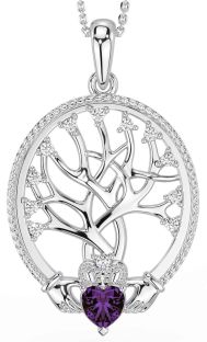 Diamond Alexandrite Silver Claddagh Tree of Life Necklace