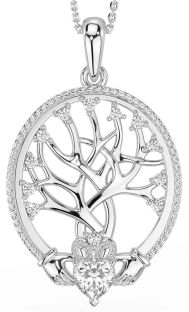 Diamond Silver Claddagh Tree of Life Necklace