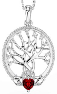 Diamond Garnet Silver Claddagh Tree of Life Necklace