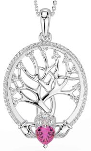 Diamond Pink Tourmaline Silver Claddagh Tree of Life Necklace