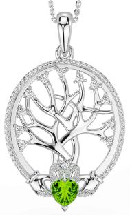 Diamond Peridot Silver Claddagh Tree of Life Necklace