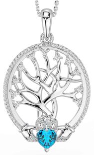 Diamond Topaz Silver Claddagh Tree of Life Necklace
