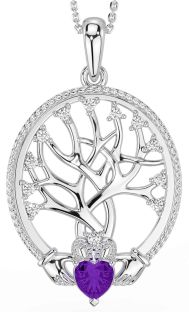 Diamond Amethyst White Gold Claddagh Tree of Life Necklace