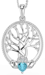 Diamond Aquamarine White Gold Claddagh Tree of Life Necklace