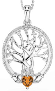 Diamond Citrine White Gold Claddagh Tree of Life Necklace