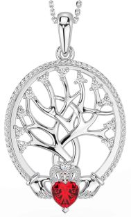 Diamond Ruby White Gold Claddagh Tree of Life Necklace