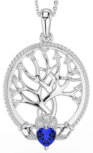 Diamond Sapphire White Gold Claddagh Tree of Life Necklace