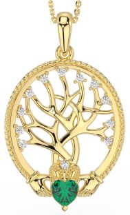 Diamond Emerald Gold Claddagh Tree of Life Necklace